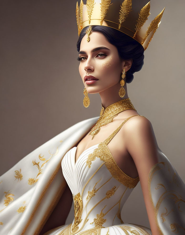 Regal woman in golden crown and jewelry, white and gold dress, elegant pose on neutral background