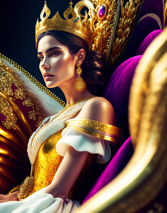 Regal woman in golden attire on throne exudes elegance and authority