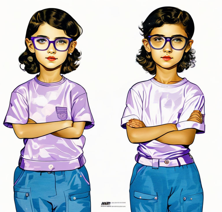 Girl with Glasses and Purple Shirt Illustrated Twice Showing Subtle Differences