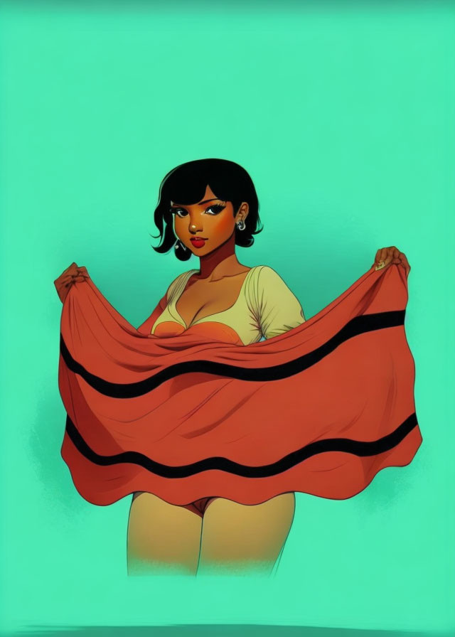 Illustration of woman with short black hair holding red scarf on green background