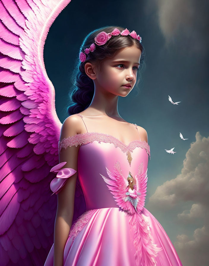 Young girl with pink wings and floral crown gazes against cloudy sky with flying birds