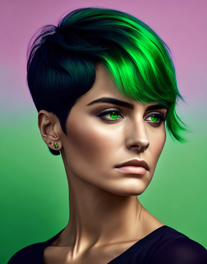 Stylish Short Haircut with Black and Green Hair and Striking Green Eyes