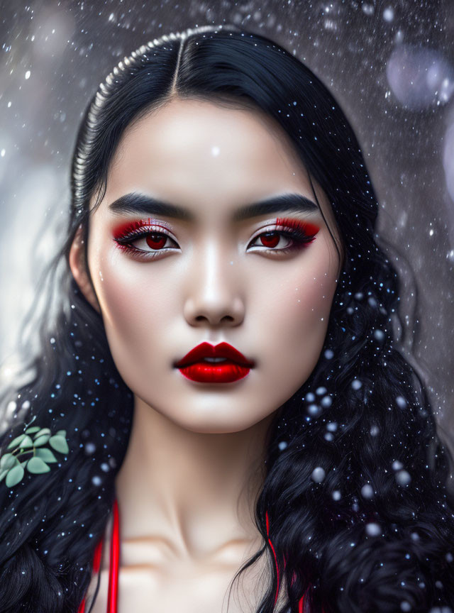 Portrait of Woman with Striking Red Makeup and Snowflakes