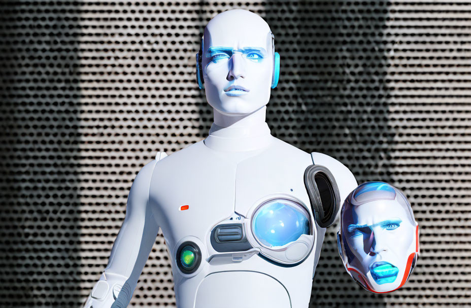 Blue humanoid robot holding detached head on dotted background