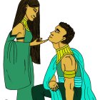 Colorful Stylized Illustration of Man and Woman with Headphones and Green Dress