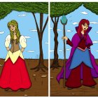 Red-haired sorceress in red outfit and blue outfit in fantasy illustrations