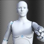 Blue humanoid robot holding detached head on dotted background