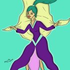 Dynamic Pose of Animated Woman with Green Hair and Purple Attire