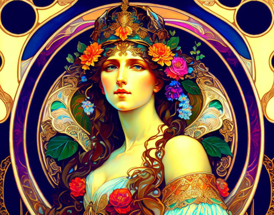 Art Nouveau Style Woman Illustration with Floral Crown and Ornate Headpiece