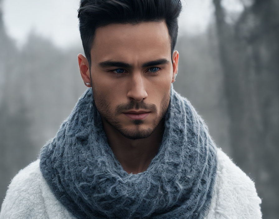 Bearded man in blue scarf and white top in misty forest