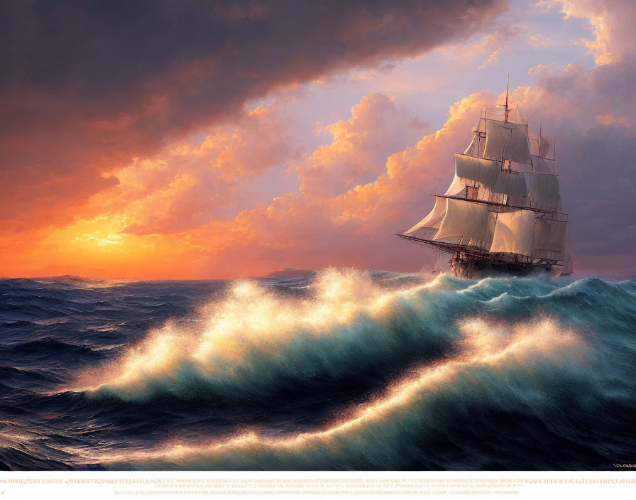 Tall ship sailing on turbulent seas at sunset