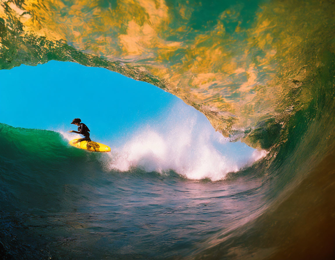 Surfer riding a sunlit wave tunnel.