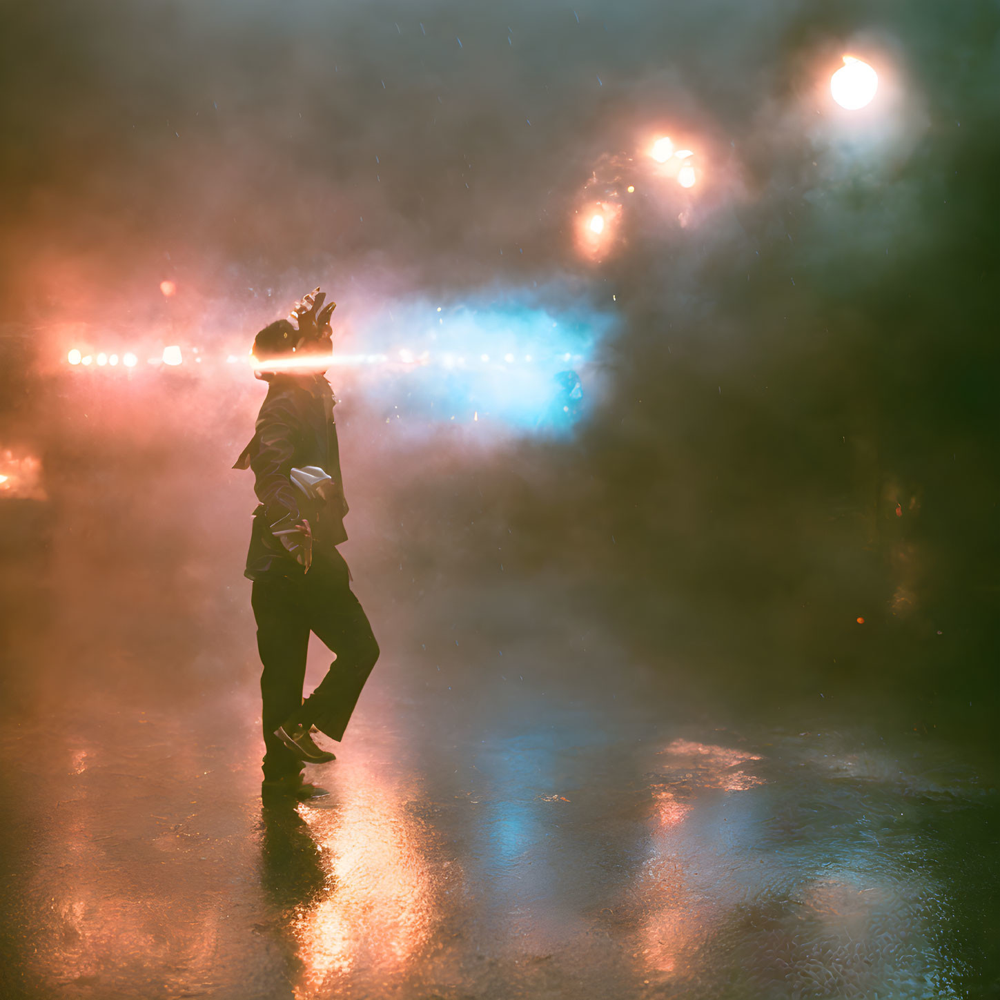 Person in Crown and Coat Surrounded by Colorful Lights in Misty Night Scene