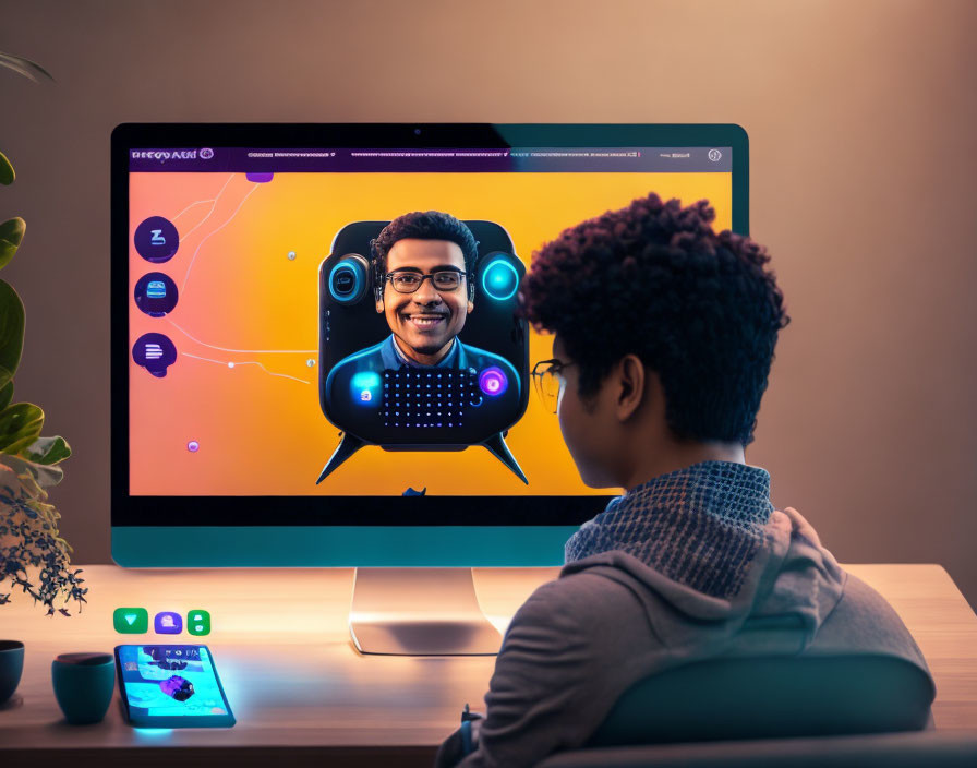 Person at Desk Viewing Colorful Graphic of Man with Headphones on Monitor