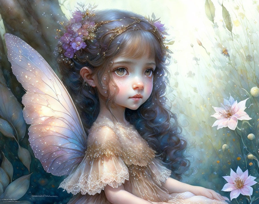 Young fairy illustration in enchanted forest with delicate wings.