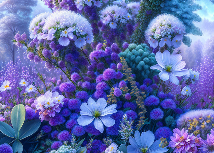 Colorful digital artwork: lush fantasy garden with oversized purple and blue flowers