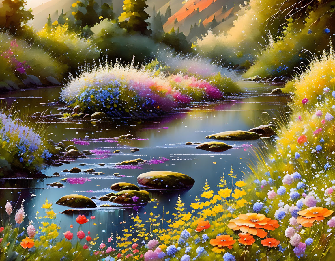 Serene river painting with blooming flowers and forested hills