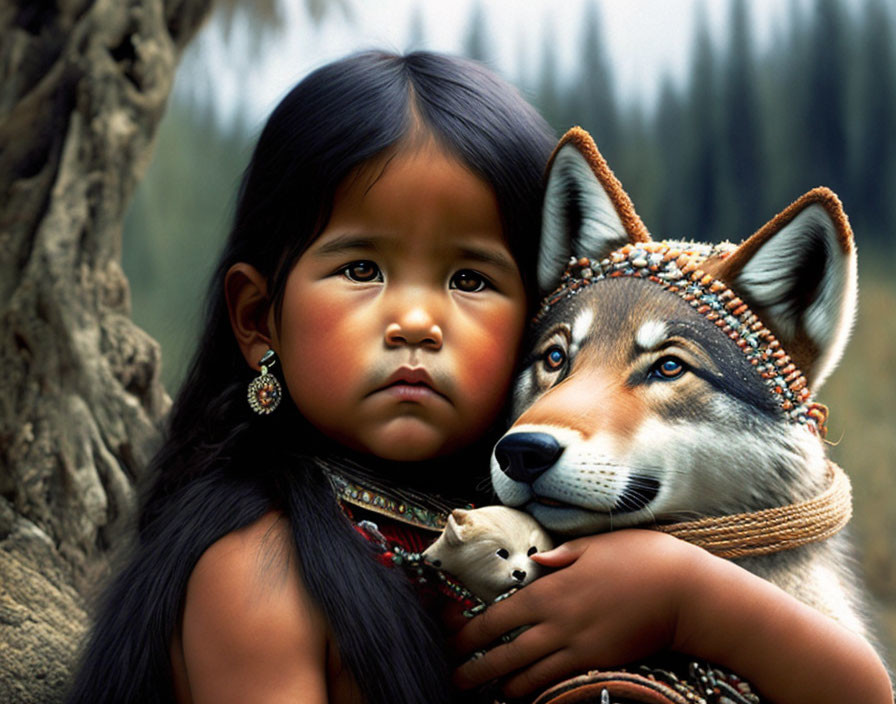 Young girl in native attire hugging wolf with small animal watching