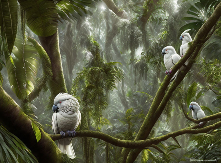 Four white parrots on branch in lush green jungle with sunlight.