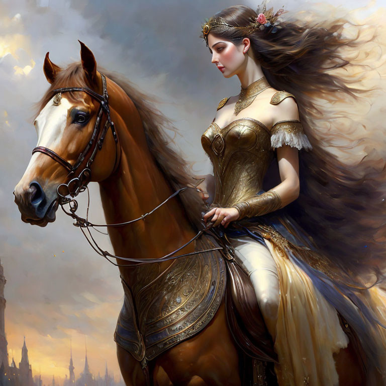 Lady in ornate golden armor riding brown horse under dramatic cloudy sky