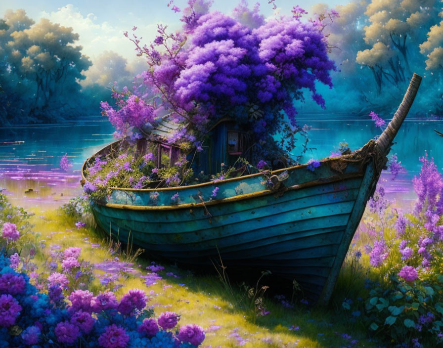 Tranquil lake scene with old wooden boat and purple flowers