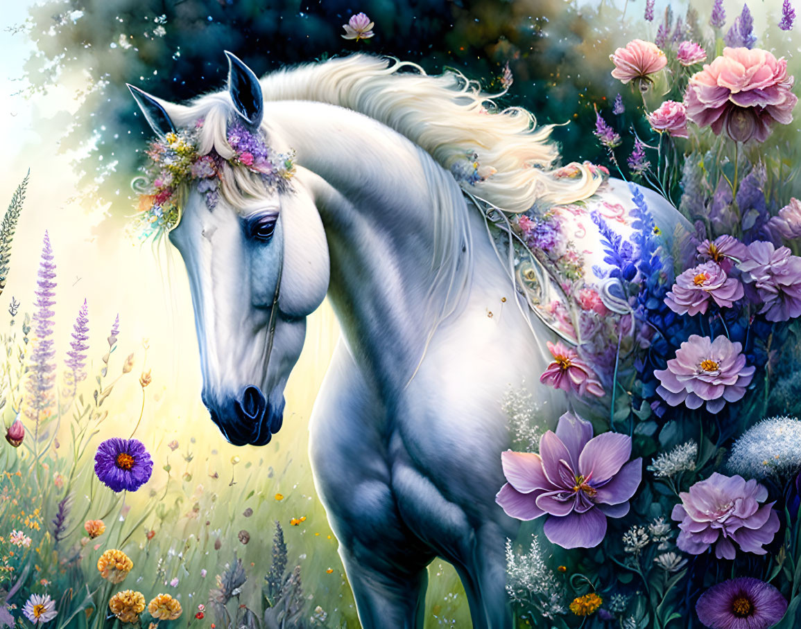 White Unicorn with Flower-Adorned Mane in Lush Flora