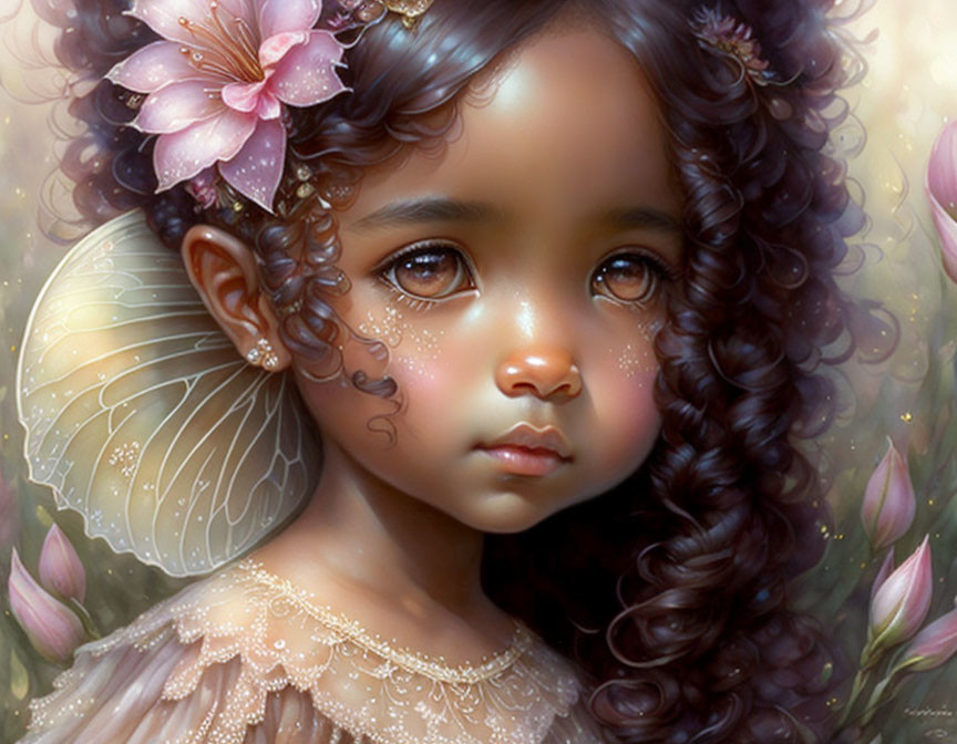 Digital artwork featuring young girl with curly hair, brown eyes, and fairy wings in pink floral setting