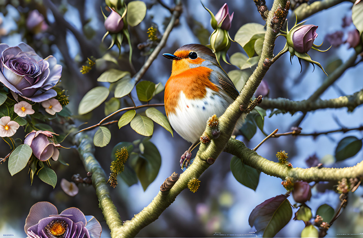 Colorful robin on tree branch with pink and purple flowers under blue sky