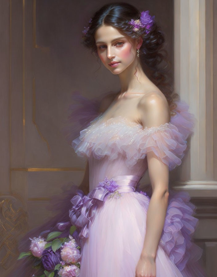 Ethereal woman in lilac dress with flowers against soft backdrop