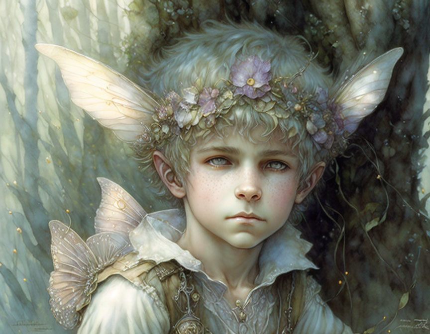 Child with fairy wings and flower crown in woodland setting.