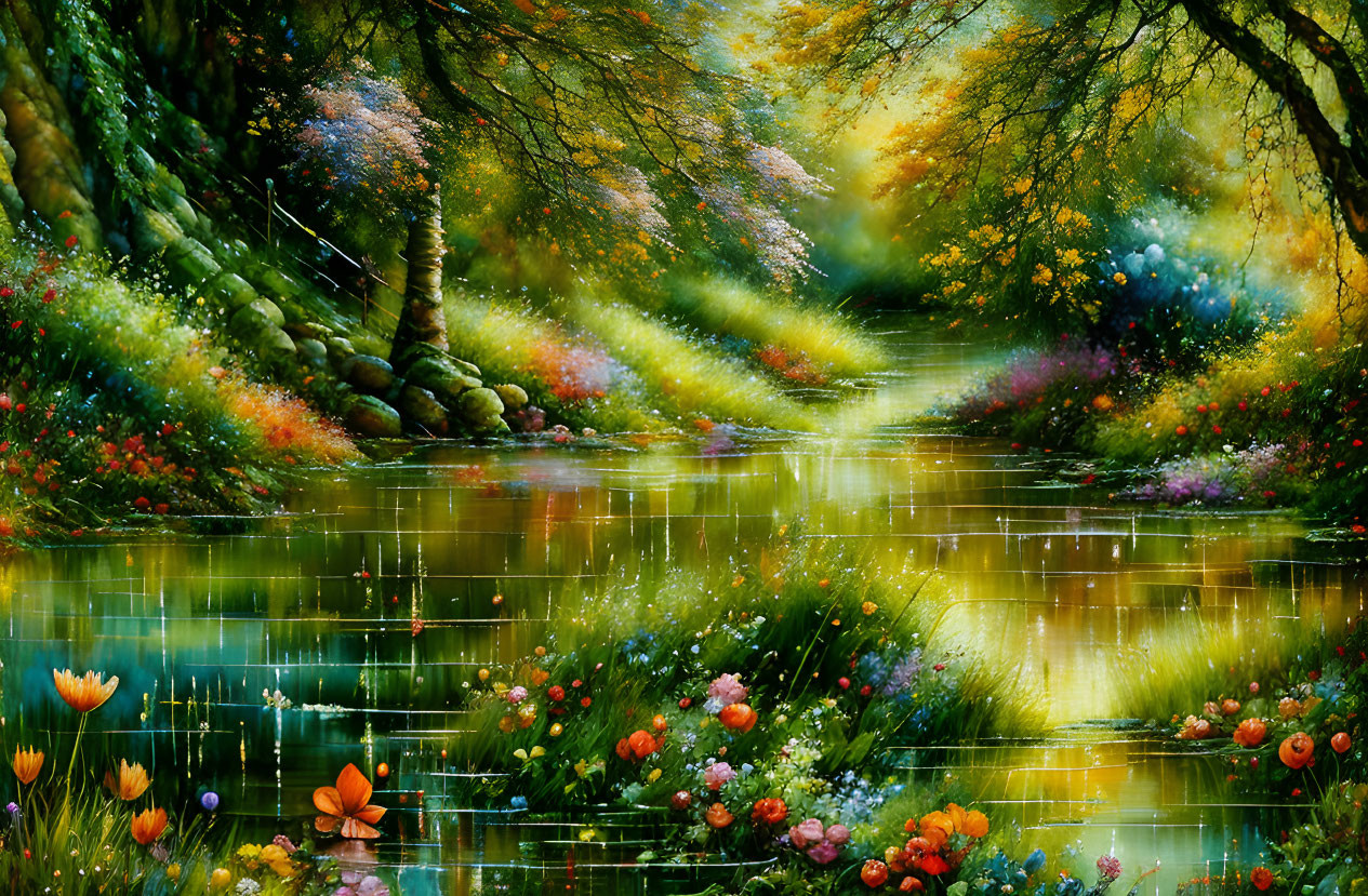 Colorful digital artwork: Whimsical nature scene with lush foliage, flowers, and serene river