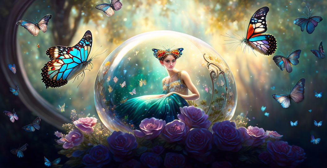 Woman in glowing orb with butterflies and roses in enchanted forest