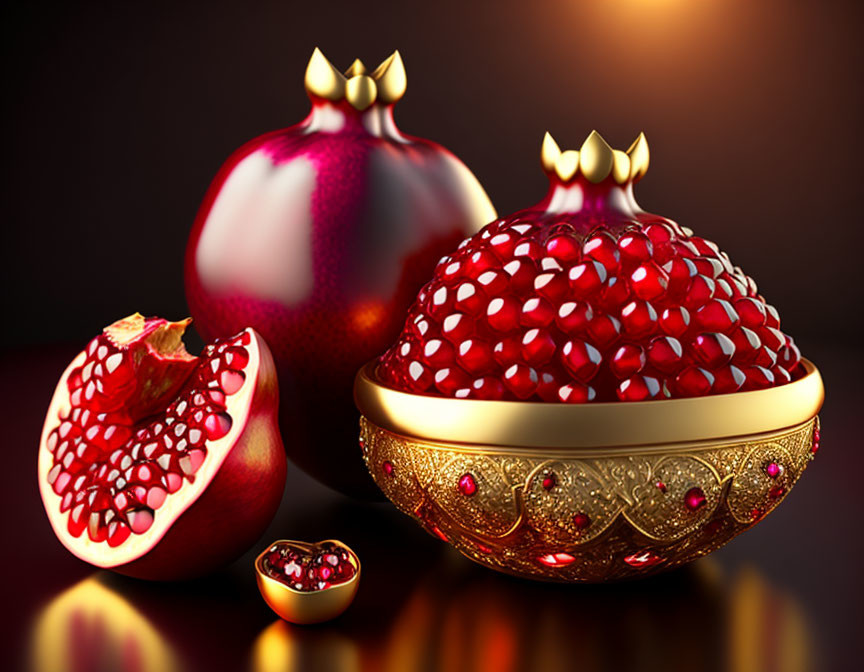 Luxurious pomegranates in jeweled gold bowl on reflective surface