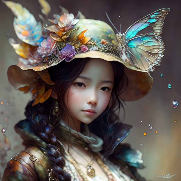 Girl wearing whimsical hat with butterflies and flowers in magical setting