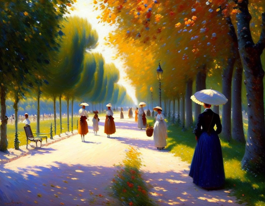 Period clothing figures stroll along sunlit autumn path