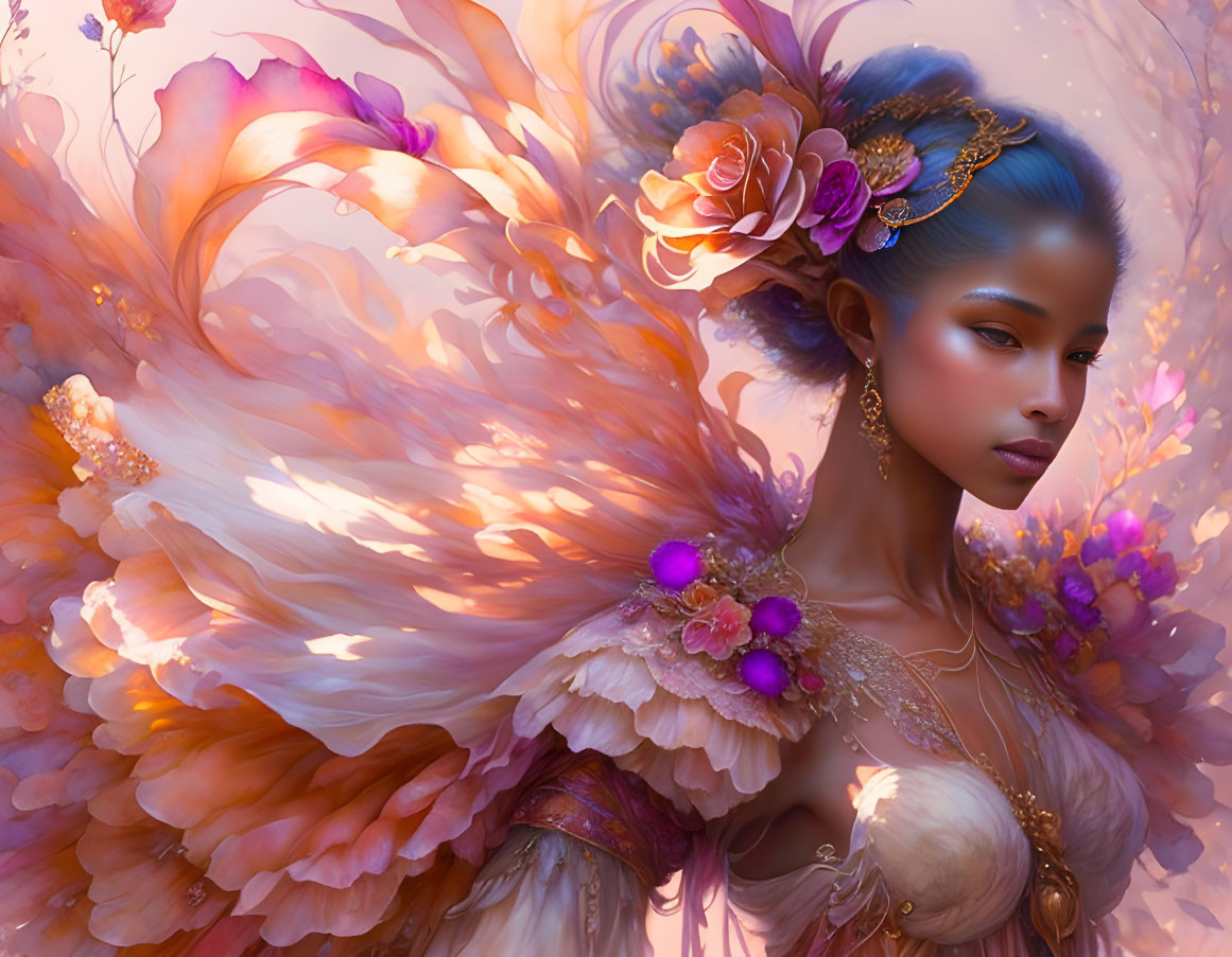 Fantasy figure with ornate wings and floral adornments on pastel backdrop