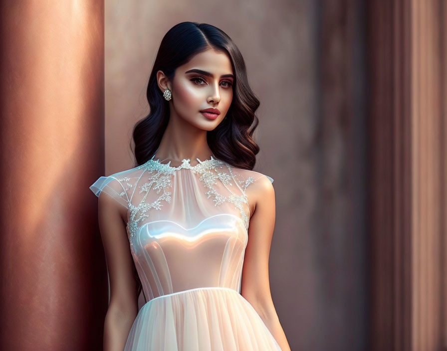 Dark-haired woman in sheer, embellished dress with glowing neckline on brown backdrop