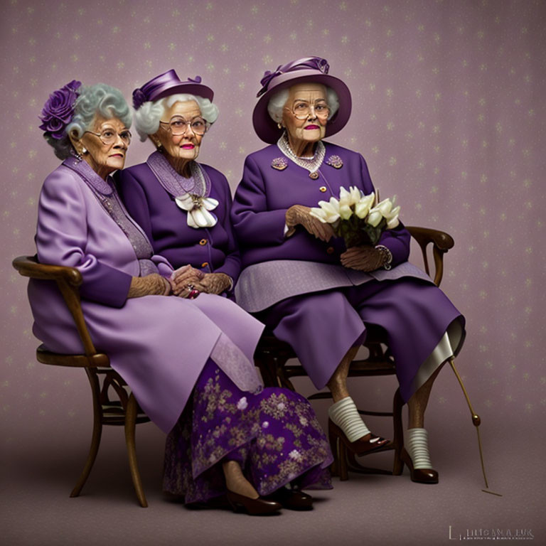 Three Elderly Ladies in Purple Outfits and Hats Holding Bouquet