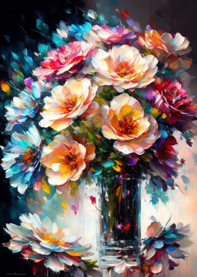 Colorful Flower Bouquet Painting with Broad Brushstrokes on Dark Background