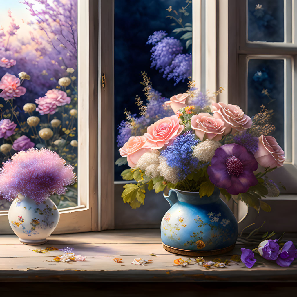 Pastel flowers in blue vase on windowsill at dusk