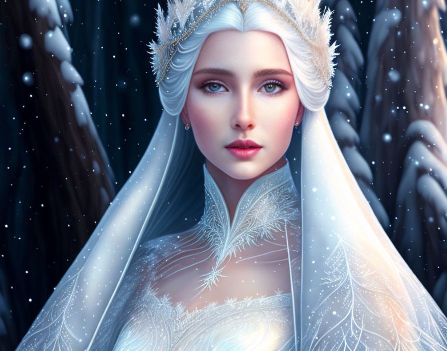 Fantasy ice queen with blue eyes, crystal crown, and snowy backdrop