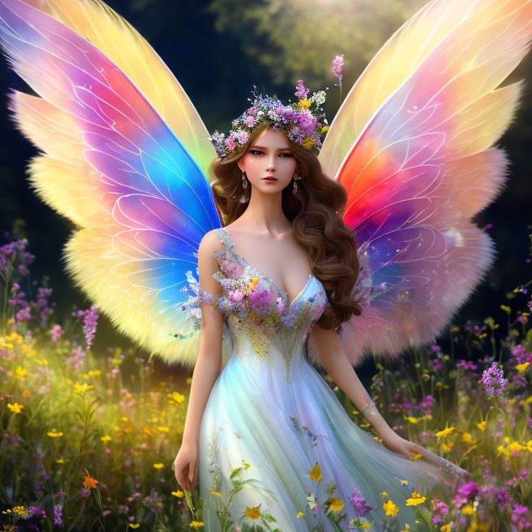 Vibrant woman with butterfly wings in floral gown and crown in lush meadow