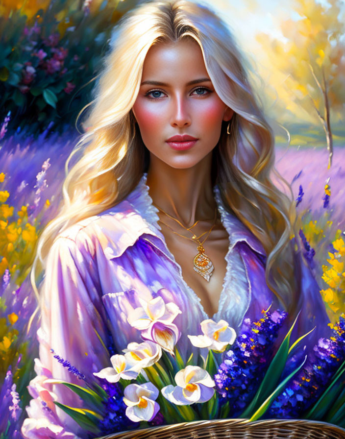 Blonde woman surrounded by colorful flowers in digital painting