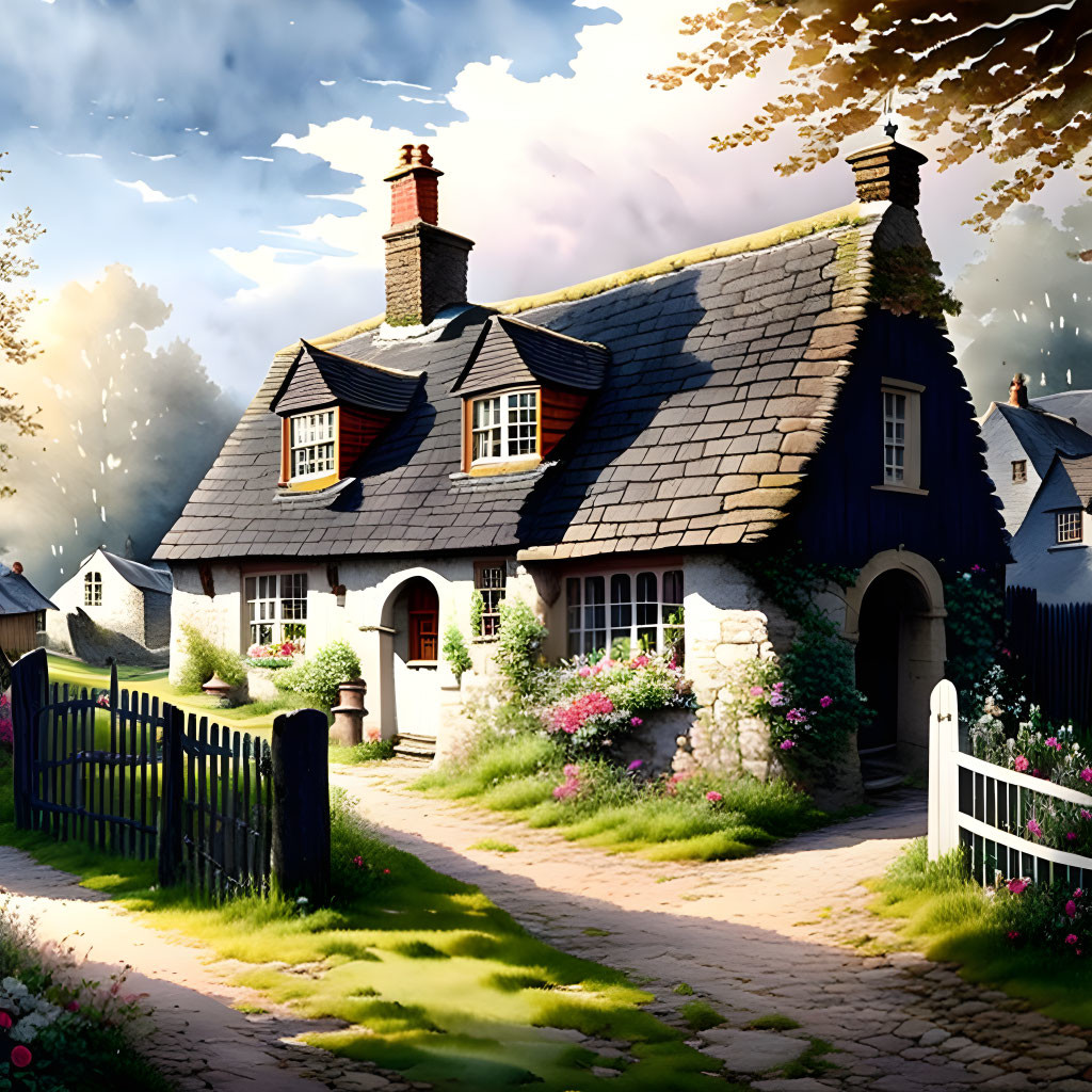 Thatched Roof Cottage Surrounded by Flowers and Dramatic Sky