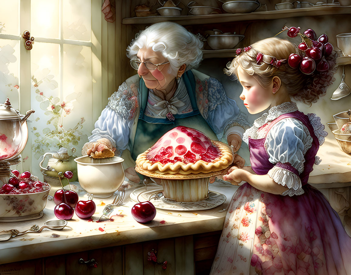 Elderly woman and young girl baking in cozy kitchen