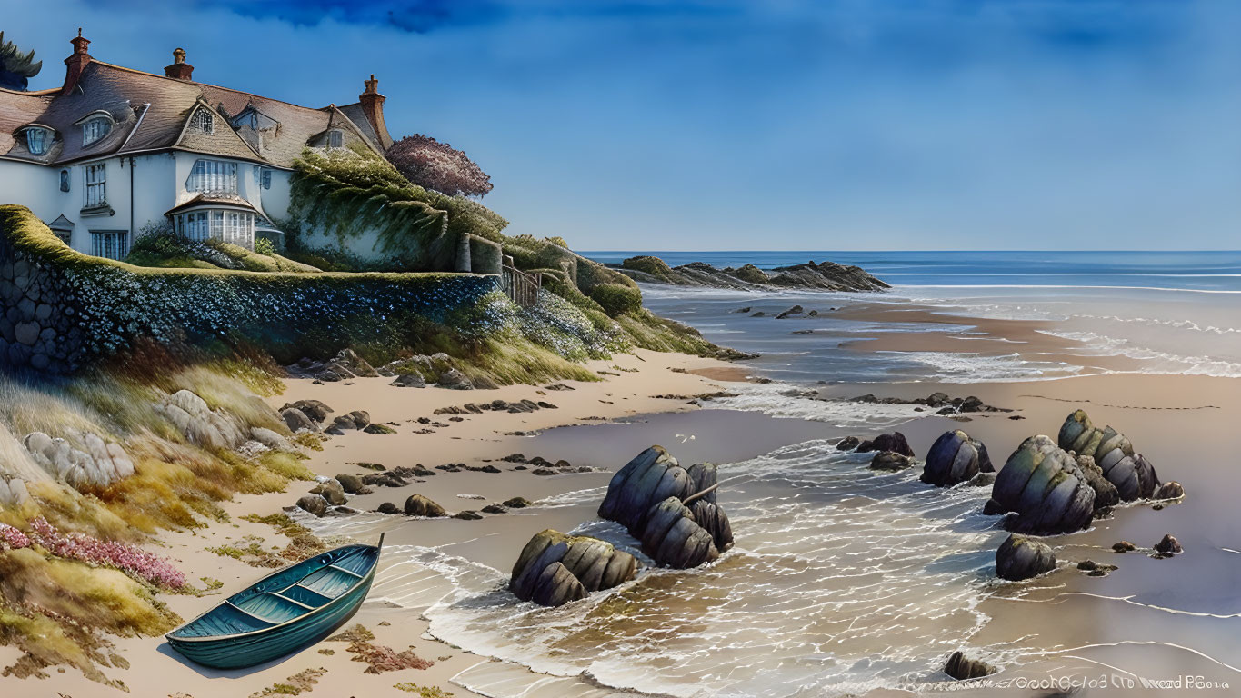 Seaside landscape with white house, sandy beach, rocks, boat, and calm sea