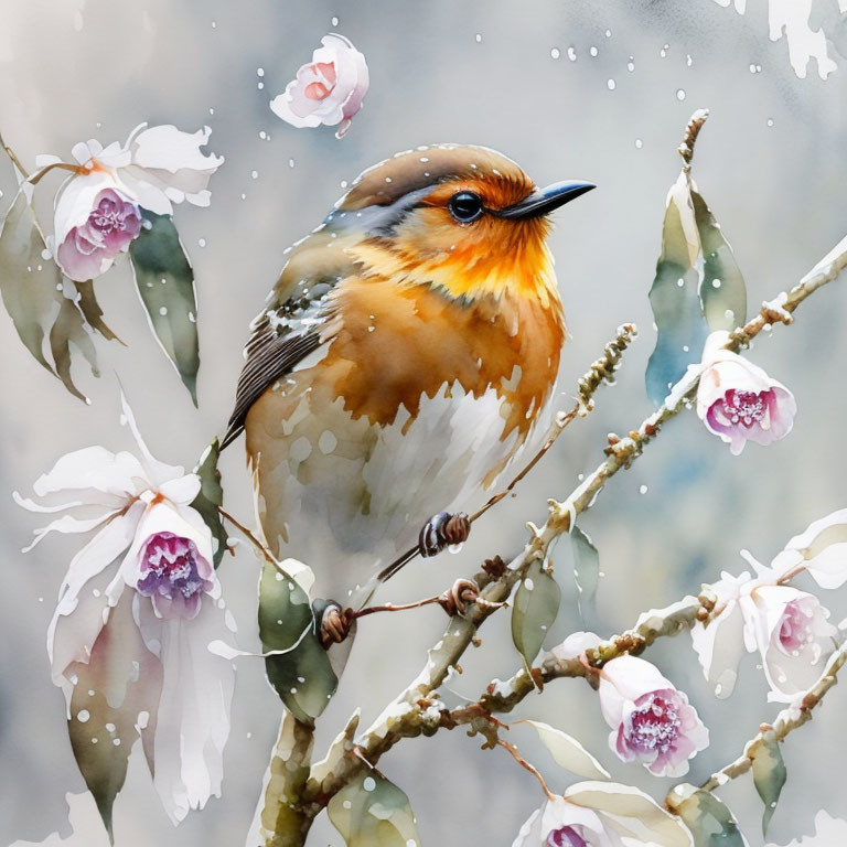 Colorful robin perched on branch with white and pink blossoms in misty setting