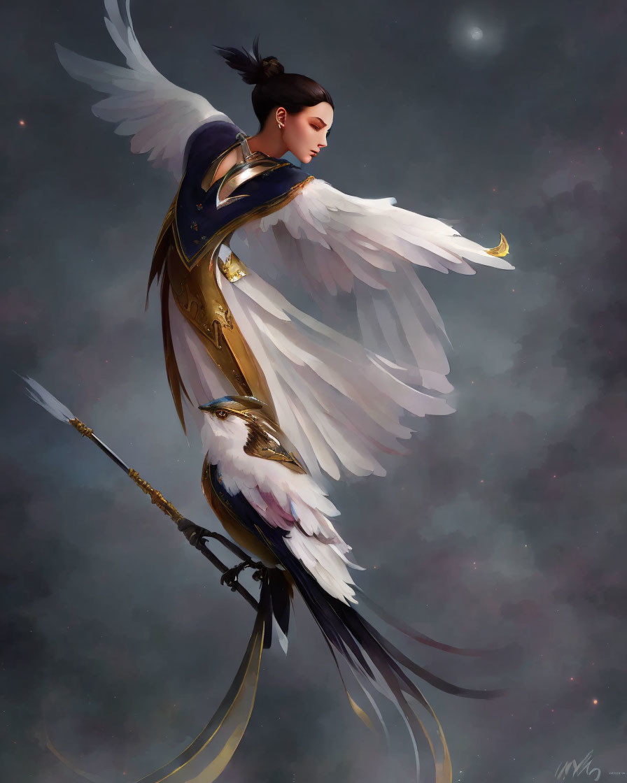 Ethereal warrior with white wings, golden armor, and spear in misty sky