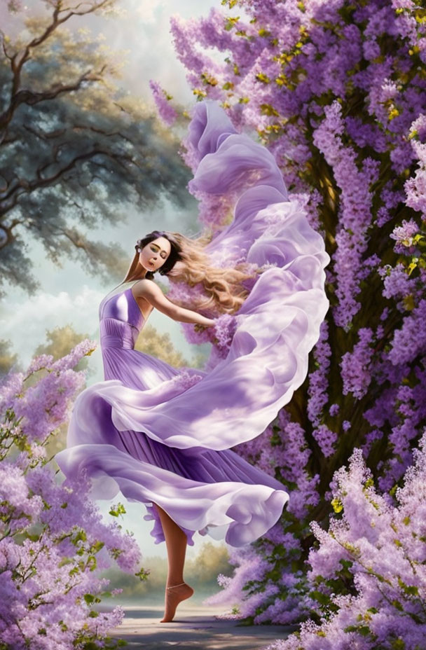 Woman dancing in purple dress among blooming lilac trees