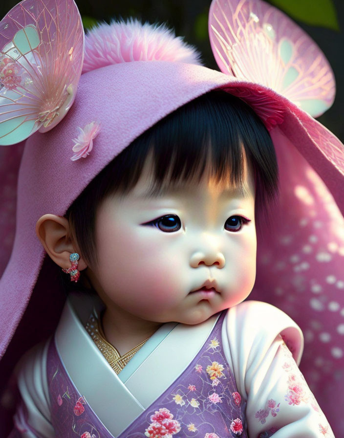 Young child in traditional Asian attire with pink hat and floral garment